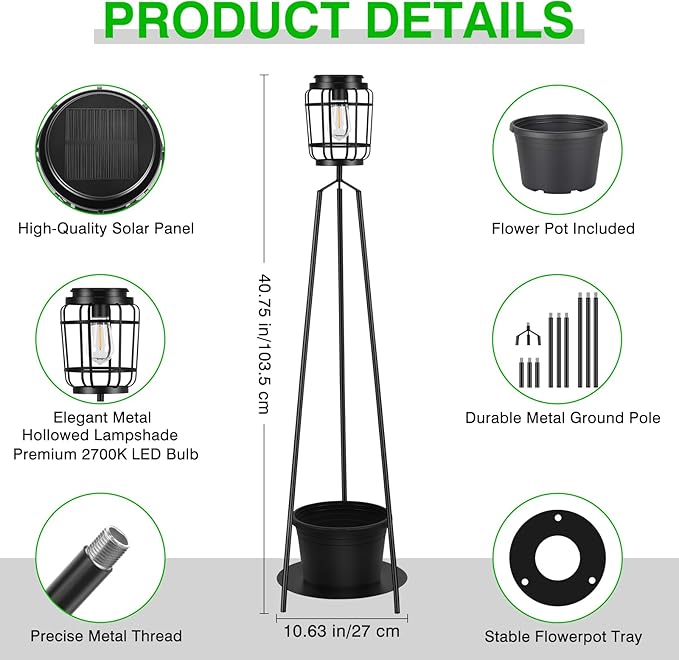 TOWPONICS Outdoor Floor Lamp with Planter Stand, 40.75'' Outdoor Solar Lights with 2700K Warm White LED Bulb, IP65 Waterproof Solar Powered Outdoor Lamp for Patio Backyard Garden Pathhway Decor,1 Pack