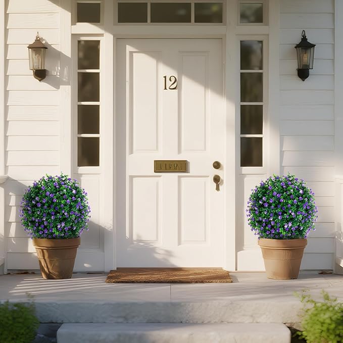 Artificial Purple Flower Topiary Ball Trees with Ground Spike, Set of 2 UV Resistant Artificial Shrubs, Fake Evergreen Artificial Plant Bushes for Indoor Outdoor Front Porch Garden