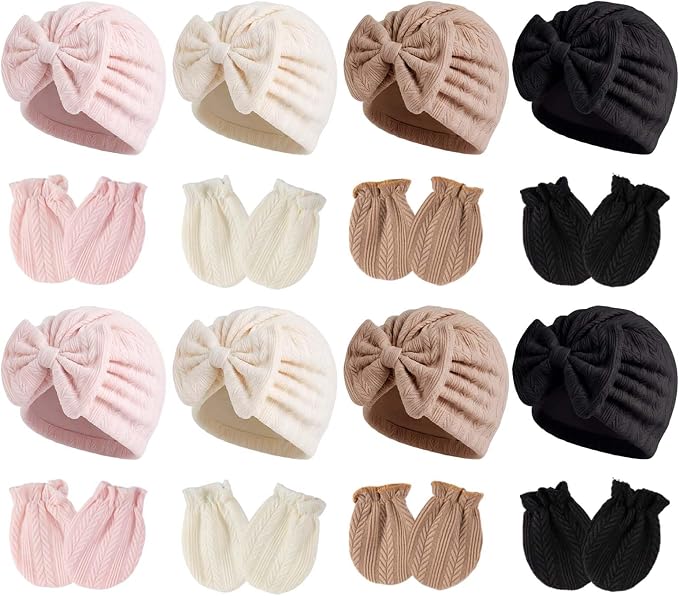 Newborn Baby Girl Hats Mittens Set Cotton Hospital Bow Hat Beanies Caps Gloves for New Born Girls 0-6 Months