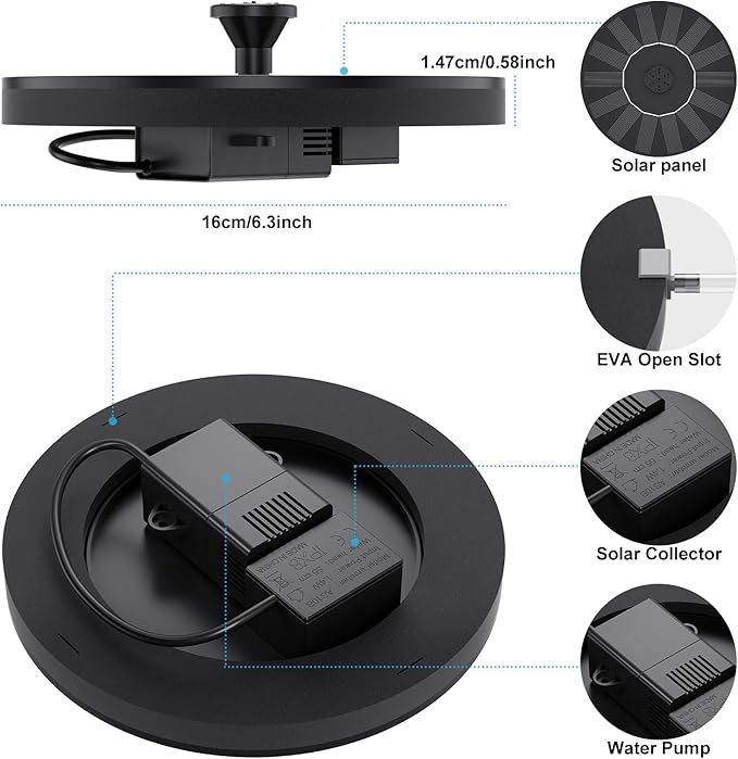 Priksia Solar Water Fountains,Solar Powered Bird Bath Fountain with 6 Nozzles - Free Standing Floating Solar Fountains for Bird Bath, Garden, Pond, Pool (Black-1.4W)