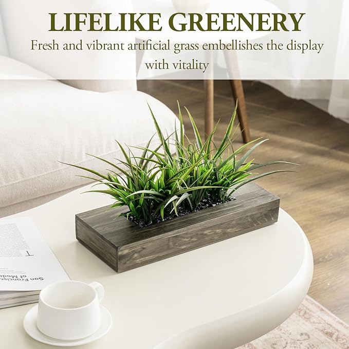 MyGift Large Artificial Green Grass Plants Potted in 14 Inch Vintage Weathered Gray Solid Wood Rectangular Planter Box, Decorative Tabletop Faux Greenery Centerpiece Décor