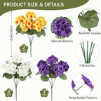 6 Bundles Artificial Geranium Flowers for Outdoors Spring Decor Geraniums Silk Flowers UV Resistant Lifelike Faux Flowers for Outdoor Garden Patio Porch Balcony Home Decor(Purple 2,White 2,Yellow2)