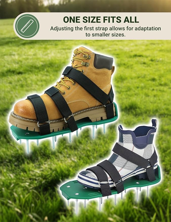 Lawn Aerator Shoes for Grass, Pre-Assembled Heavy Duty Aerator Lawn Tool with Hook and Loop Straps, One Size Fits All Spiked Shoes for Effectively Aerating Yard Garden Lawn Patio Soil, No Installation