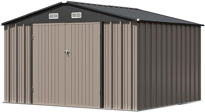 Patiowell 10x8 FT Outdoor Storage Shed, Large Metal Tool Garden Sheds with Lockable Door and Sloping Roof, Waterproof Outside Storage Shed for Backyard Patio Lawn, Brown