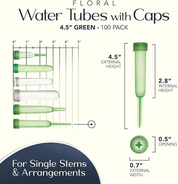 Royal Imports Floral Water Tubes with Caps – 4.5" Green Plastic Flower Vials for Single Stem Roses, Buds, Bouquets – Standard Style, 1/2" Opening – 100 Pack