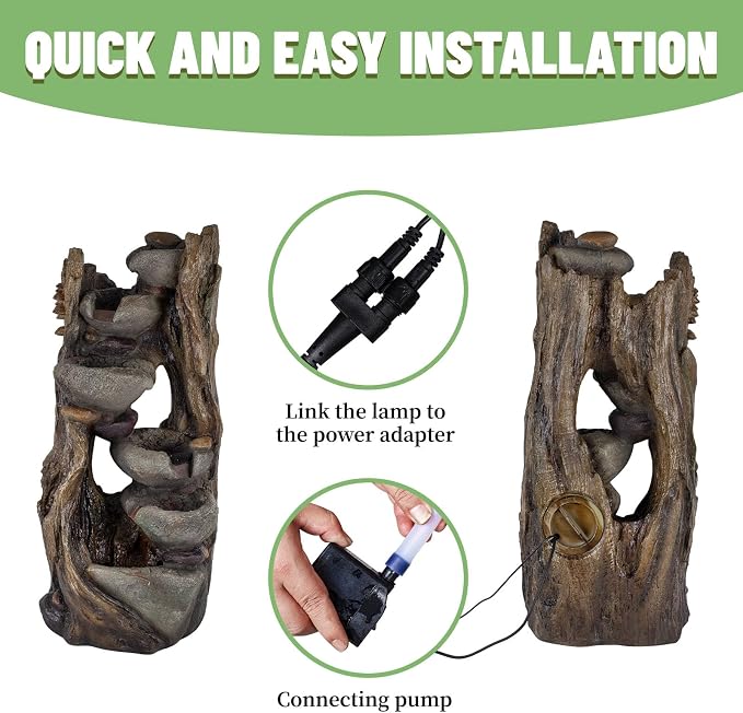 Solarbloom 39.2" H Water Fountain Outdoor, Cascading Realistic Rock Tree Trunk Waterfall Fountains with LED Lights for Garden Patio Backyard Porch Home Decor