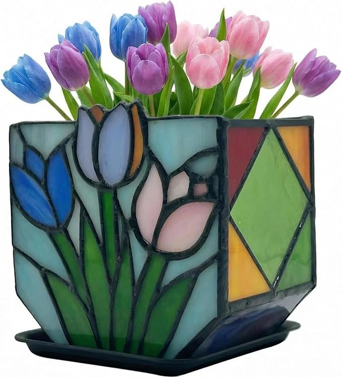 Handmade Stained Glass Tulip Planter,Tiffany Style Decorative Flower Pot for Indoor Plants,Vintage Floral Design Tabletop Plant Container, Ideal Gift for Plant Lovers and Gardeners