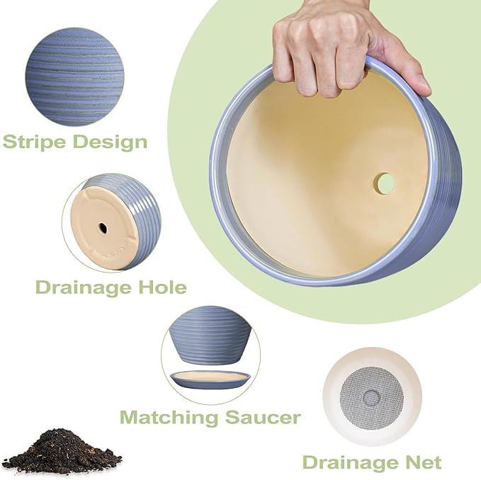 Ceramic Planter - Modern Round 12 Inch Pots for Plants with Drainage Hole and Plant Saucer for Flower Indoor, Garden Room Home Office House Decor, House Warming Gifts, Blue-Purple