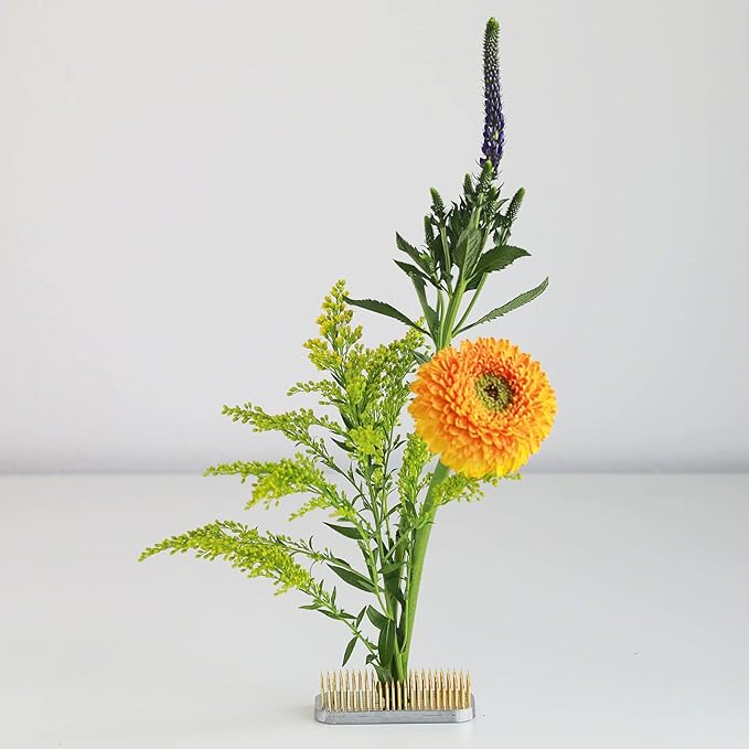Wazakura Japanese Ikebana Kenzan Long Rectangular Flower Holder 3.4 in (87 mm), Made in Japan Floral Arranging Pin Frog Tool (3.4" (87mm) Long Rectangular Brass Kenzan)