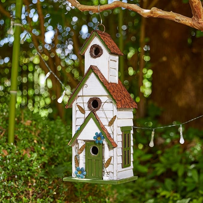 Glitzhome Hanging Birdhouse for Outside, Oversized Solid Wood 3-Story Villa Bird House, 20" H Distressed Pet Cottage Decorative Birdhouse for Outdoor Patio Garden