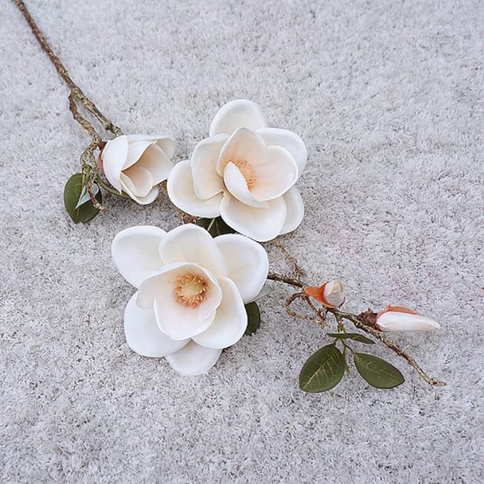 Big Magnolia Artificial Silk Flower Long Branch Living Room Home Wedding Decor Arrangement Autumn White Orchid Fake Plant,White