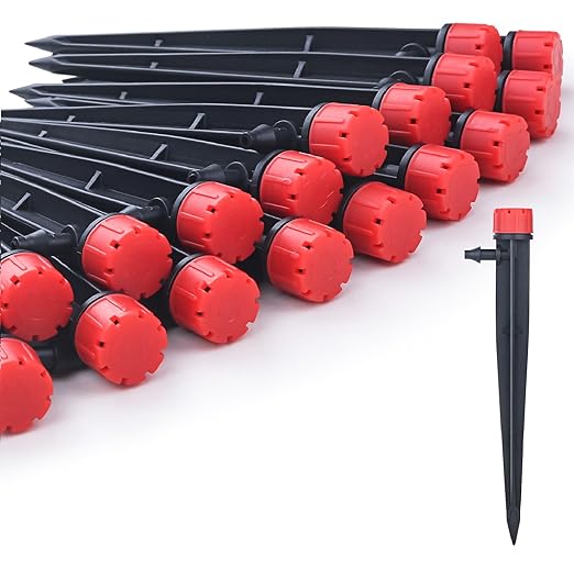50pcs Drip Emitters for 1/4" Drip Irrigation Tubing, Adjustable 360 Degree Water Flow Drippers on 5" Arrow Stake, Garden Irrigation Drippers for (4-7mm) Watering System