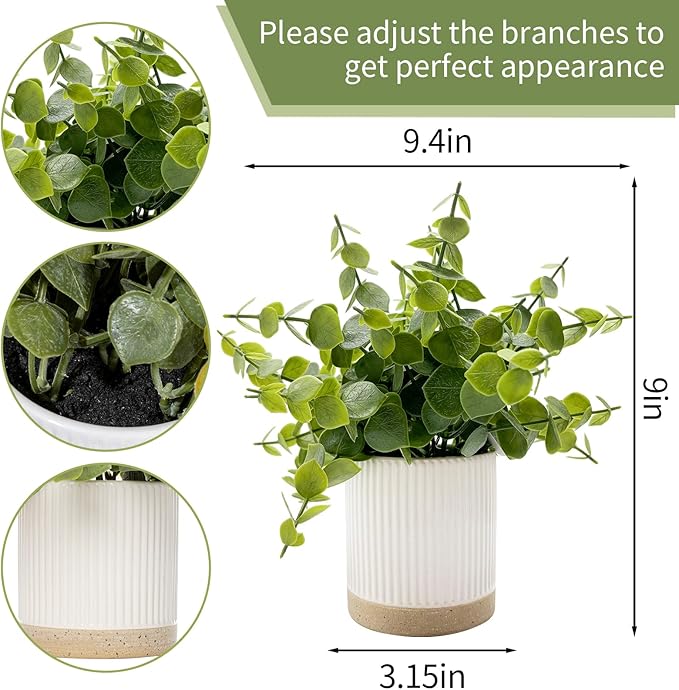 Coferset Small Fake Plants Eucalyptus Potted Artificial Plants Faux Plant Greenery in Ceramic Pot for Bedroom Kitchen House Living Room Shelves Farmhouse Table Office Desk Bathroom Home Indoor Decor
