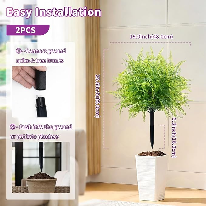 2 Pack 23.6" Artificial Fern Topiary Ball Trees with Ground Spike, Outdoor UV Resistant Fake Evergreen Trees Shrubs Bushes Artificial Plants Faux Bosten Fern Plants for Porch, Garden, Front Door