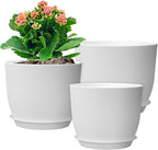 WSMKSZ 10/9/8 inch Medium Flower Pots, 3 Pack Modern Decorative Plastic Planters with Drainage Holes and Tray, Plant Pots for Indoor Outdoor Plants, White