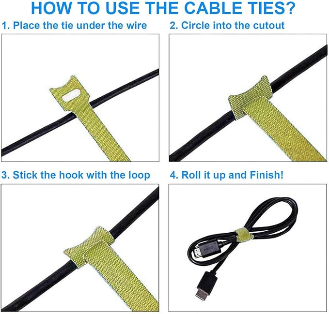 California JOS 60 PCS 6 Inches Reusable Cable Ties, Adjustable Cord Straps, Cable Organizer, Cord Wrap and Hook Loop Cords Management -yellow