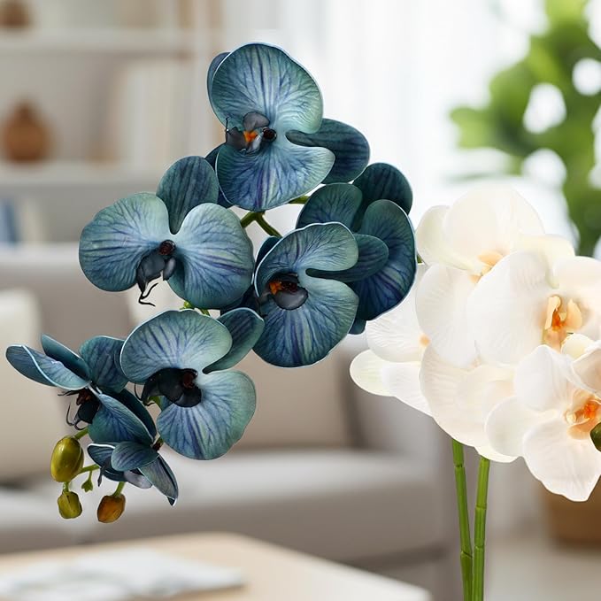 Chuangdi 2 Pcs Artificial Phalaenopsis with Suction Cups Terrarium Plant Decoration Reptile Habitat Plant Decor for Hermit Crab Lizards Geckos Snake(Teal Blue,White,Classical)