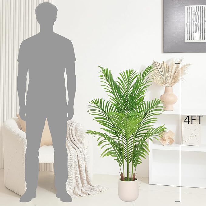 Artificial Palm Tree 4FT, Fake Tree Tall Fake Plant with White Planter, Artificial Tree Faux Floor Plant Artificial Plant Indoor for Home Office Living Room Decor