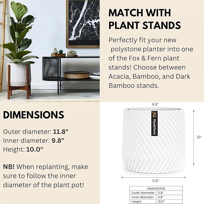 Fox & Fern Large 12 Inch Planter with Drainage Plug — Premium Polystone White Plant Pot - Modern Planter with 3D Texture and Ceramic Finish - 12 Inch Pots for Plants Indoor & Outdoor.