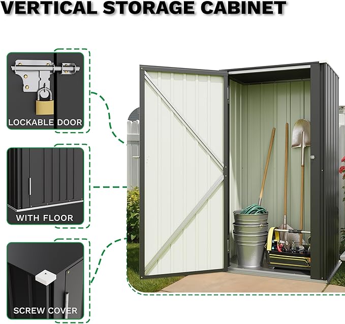 Patiowell 22 Cuft Outdoor Storage Shed with Adjustable Shelves, Metal Vertical Storage Cabinet with Lockable Door, Outdoor Waterproof Tool Garden Shed for Backyard Lawn Patio, Black