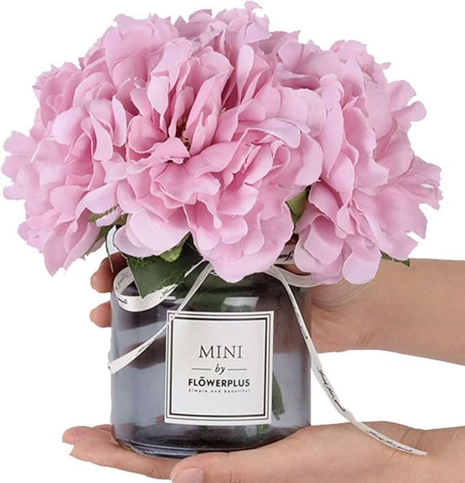 MOOMASS Artificial Peony and Glass vase, Ins Style Artificial Flower Glass Bottle Set, Suitable for Living Room, Dining Table, Office, Wedding, Hotel Banquet and Other Home Decoration. (Purple Pink)