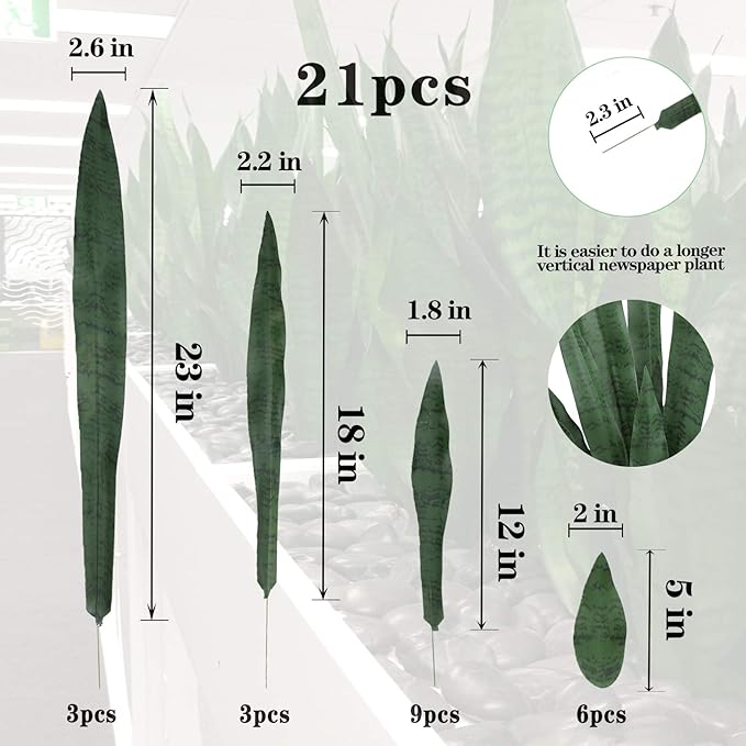 summer flower 23in Snake Plant Artificial Leaf Set 21pcs Faux Sansevieria Plant Leaves Tall Fake Snake Greenery Outdoor 4 Sizes for Indoor Home Decor Office Garden Tabletop Floor Decorations