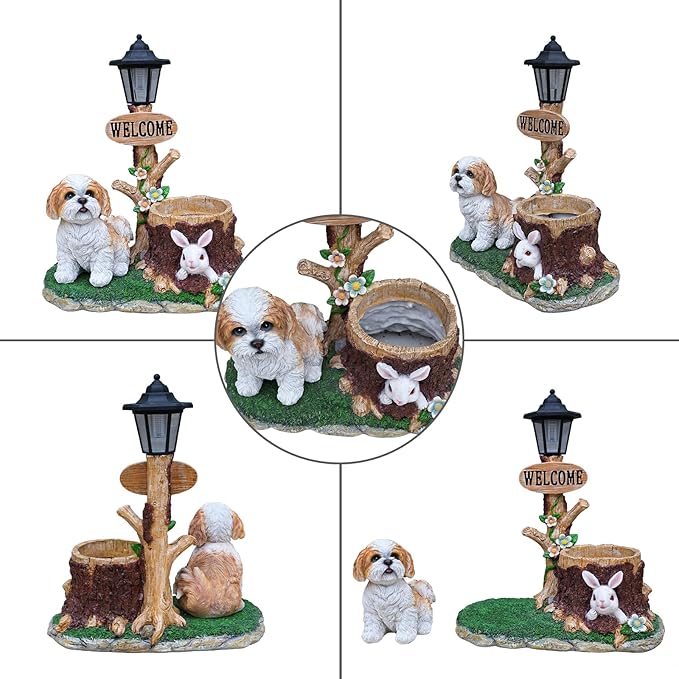 Animal Outdoor Statue Planter Solar Light Welcome Garden Sculpture Resin Flower Pot Decorative Porch Patio Yard Lawn Entryway Figurine with LED Lamp Rustic Plant Holder Ornament Courtyard (E)