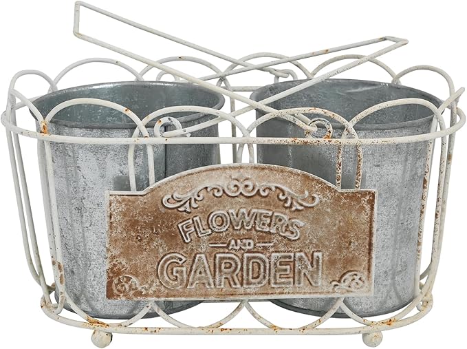 Vintage 2-Piece Metal Planter Set, Distressed White Iron Wire Basket with Flowers Garden Sign, Rustic Farmhouse Plant Pots for Tabletop, Window Sill & Balcony Decor