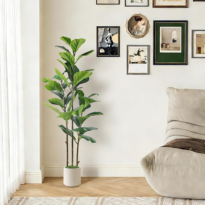 Alupssuc 5FT Artificial Fiddle Leaf Fig Tree with White Planter Pot, 5 feet Tall Fake Tree for Home Decor, Faux Ficus Tree Fake Moss for Indoor Outdoor Office Living Room