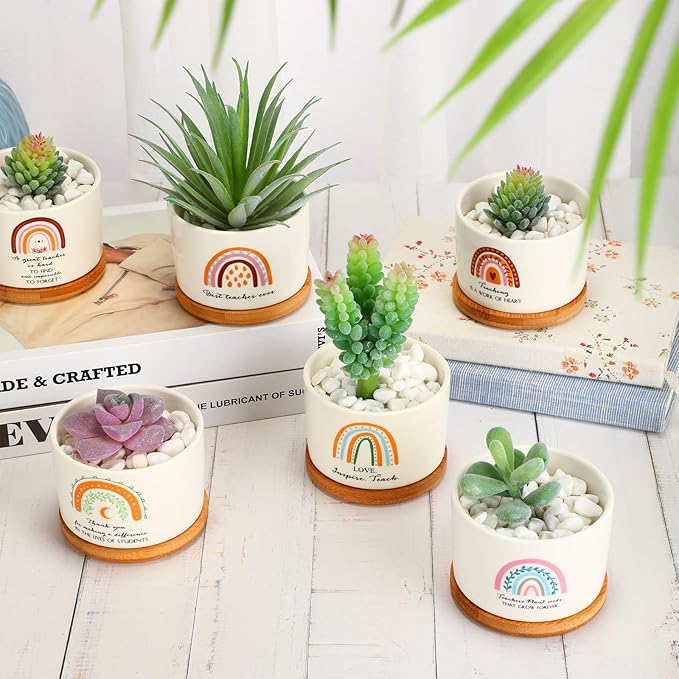 Sieral 6 Pcs Teacher Appreciation Gift Bamboo Pot Mini Ceramic Succulent Planter Pots with Bamboo Tray Gardening with Drainage Hole Thank You Gifts for Women Men Birthday Gift for Teacher