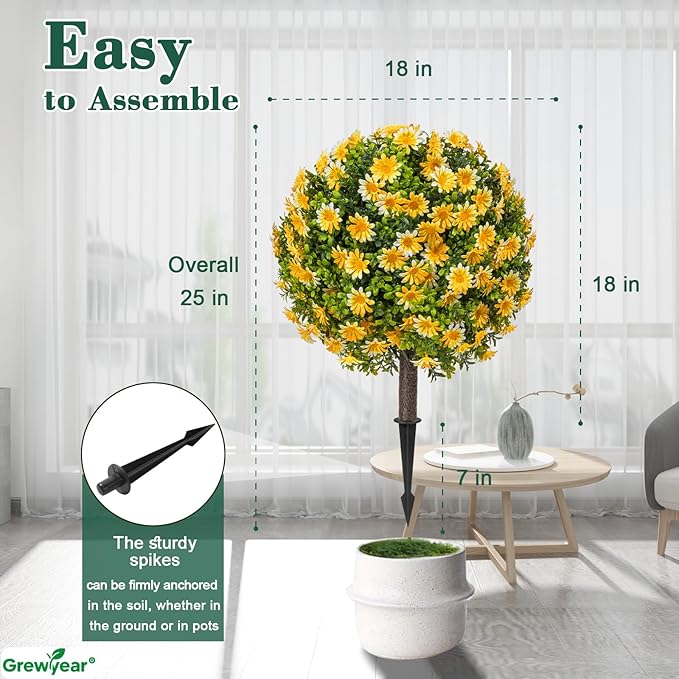 Fall Artificial Topiary Ball with Spike Set of 2, Faux Boxwoods for Outdoor Planters, UV Resistant Artificial Outdoor Plants for Porch, Fake Bushes Round Shrub with Orange Yellow Flower
