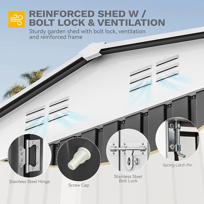 DWVO 12x8ft Large Tool Storage Shed with Window, Lockable Doors, and Sloped Roof, Oversized Steel Outdoor Storage Shed for Garden, Patio, Garage, Backyard, Lawn(Gray + White)