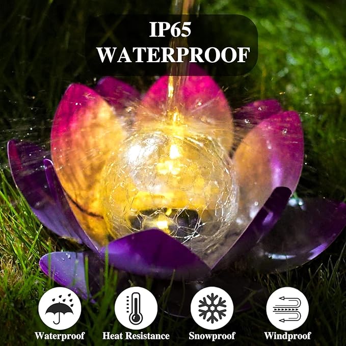 AIINY Solar Light Outdoor(2Pack), Art Crackle Globe Glass Lotus Decoration, Solar LED Waterproof Purple Metal Flower Lights for Patio,Lawn,Walkway,Tabletop