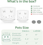 2 Pack, 5 + 6 Inch White Orchid Pots with Butterflies and Tulips Holes and Saucer, Ceramic Orchid Planters for Repotting with Drainage Holes and Tray Indoor Outdoor, Butterfly Gift