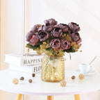 Faux Flowers in Vase, Fake Flowers in Vase 21 Pcs Faux Peony Flowers, Artificial Flowers for Home Decor, Indoor Centerpiece for Living Room & Dining Table - Purple Red