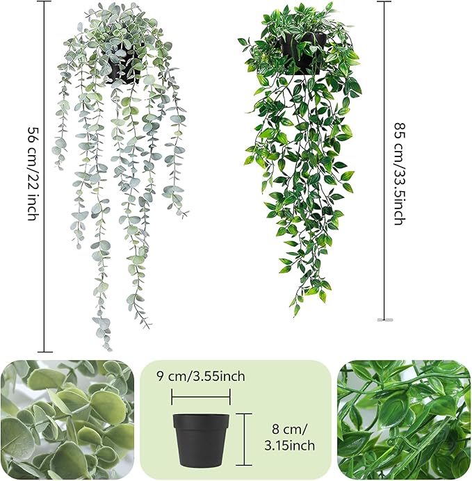 Clearain 2Pcs Fake Plants Hanging Artificial Decorations, Faux Potted Eucalyptus and Pea Pod Plants for Bathroom Home Office Desk Wall Shelf Bookcase Accessories Decor Indoor
