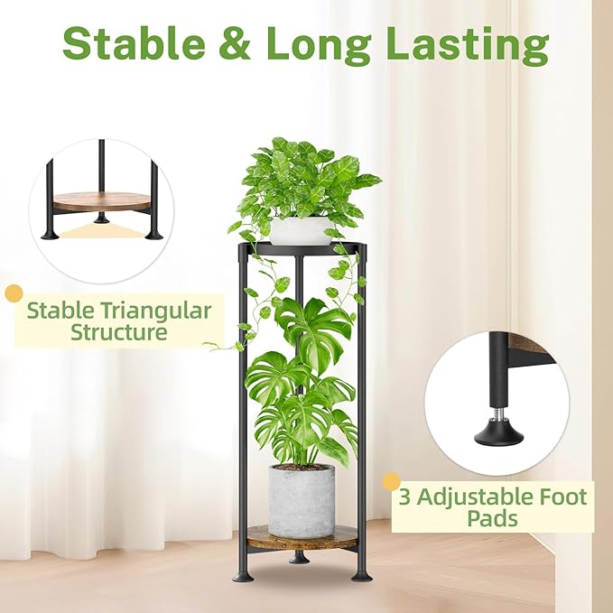 iDavosic.ly 2 Tier Plant Stand Indoor with Grow Light, 30 Inch Tall Vertical Corner Metal Flower Heavy Duty Pot Holder Shelf, Modern Black & Rustic Brown - Round