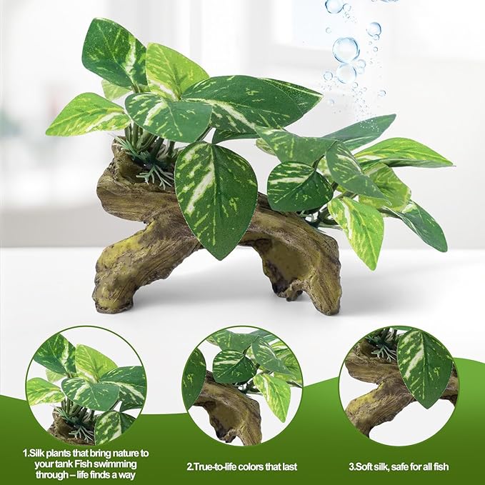 CousDUoBe 9 Pcs Fish Tank Decor，Silk Aquarium Plants Green Silk Leaf pad Hammock Artifical Driftwood cave Betta Fish Tank Accessories 6 x 3 x 4 inches(LxWxH)
