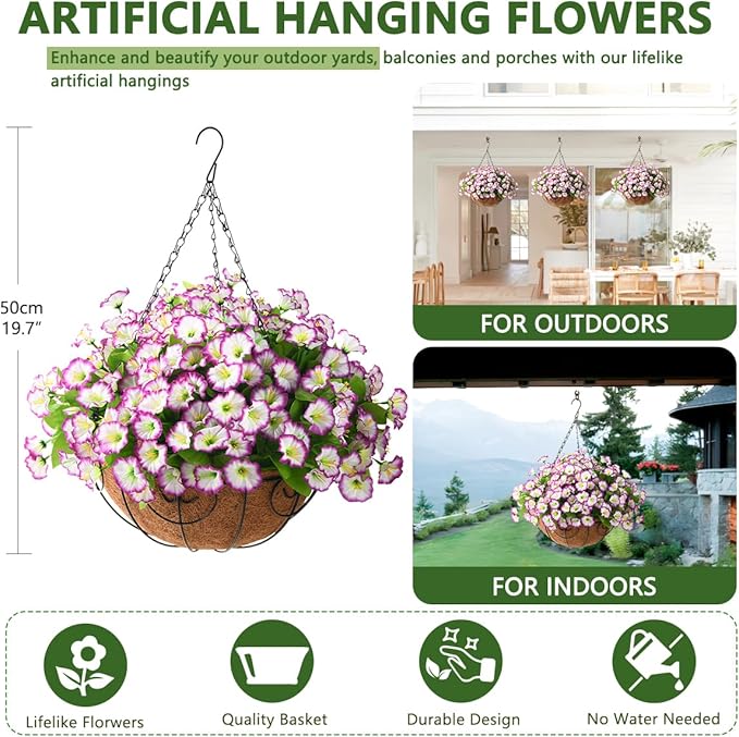 Homsunny Artificial Hanging Flowers in Basket,12 inch Silk Flower Coconut Lining Hanging Baskets,Fake Hanging Plants in for Outdoors Courtyard Decor(Light Purple)
