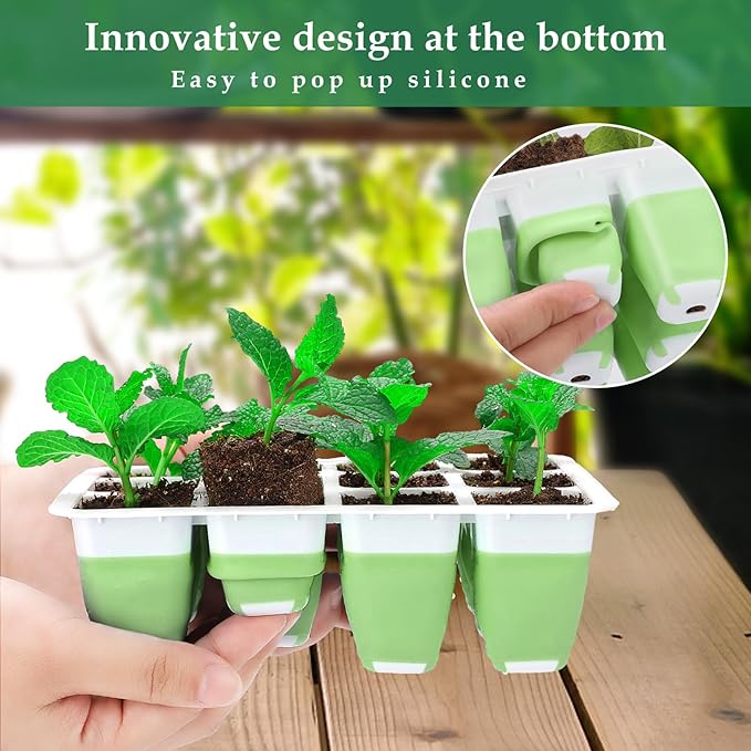Seed Starter Tray, 48 Cells Indoor Seed Starter Kit, Flexible Silicone Designed Seedling Starter Trays, Germination Tray with Humidity Dome & Lids(4in Height), Reusable & Dishwasher Safe, BPA-FREE