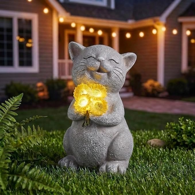 PETAFLOP Solar Cat Garden Statue Decor with Sunflower, Birthday Housewarming Gifts for Mom Grandma Women Cats Lover, Outdoor Figurines Patio Balcony Yard Lawn Decorations