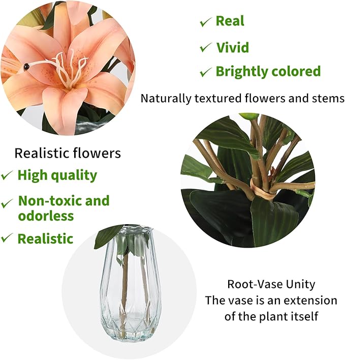 GarveeLife Artificial Tiger Lily Flowers with Vase, Real Touch Easter Lily Faux Flowers for Home Table Centerpieces Wedding Baby Shower Birthday Party Decoration, UV Resistant, 3 Stems with 6 Flowers