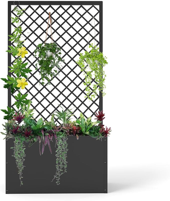 MOTION Outdoor Raised Garden Bed with Trellis - Free Standing Planter for Hanging Flower Baskets Lattice Planter Boxes, Black