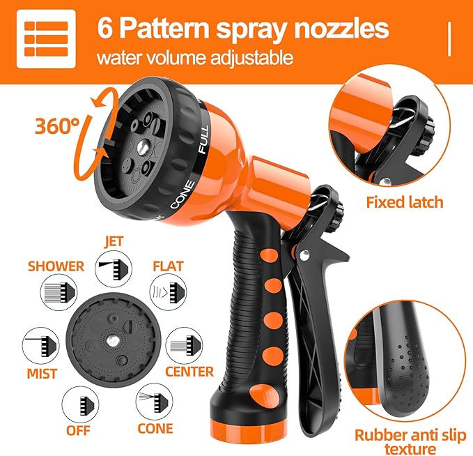 SPECILITE 3/8” Lightweight Coil Garden Hose 50 FT, EVA Retractable Curly Water Pipe with 6-Pattern Spray Nozzle for Boat, Greenhouse, Yard, Patio (Orange)