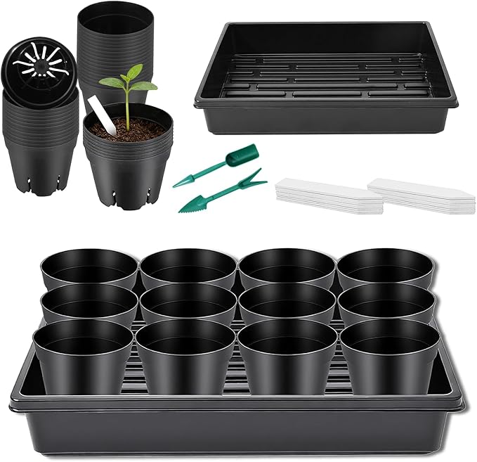 Dualshine Seed Starter Tray Kit - 60-Pack 3.4 Inch Round Nursery Pots with Drainage Holes, 5 Seedling Trays, 100 Plant Labels & 2 Transplanting Tools for Vegetables, Flowers, Herbs Seed Starting