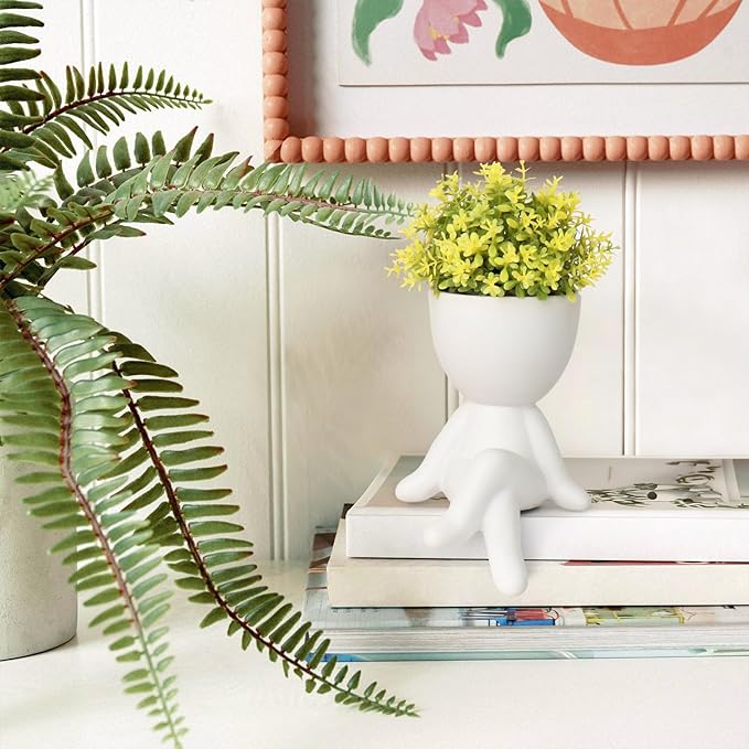 Zerzsy 4PCS Small Artificial Succulent Plants with Creative Human Shaped Pots, Fake Desk Plant Greenery Potted for Home Office Indoor Shelf Decoration (White)