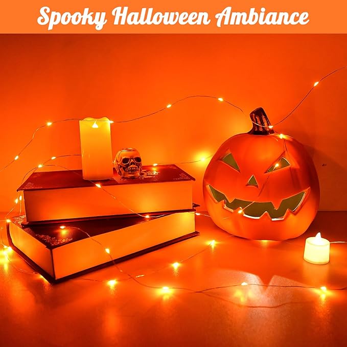 cshare Halloween String Lights Outdoor Waterproof, Orange Solar Fairy Lights 16.4ft 50LED 8 Modes Orange Fall Outdoor Lights for Fall Decor Outside Pathway Patio Party Backyard Decorations