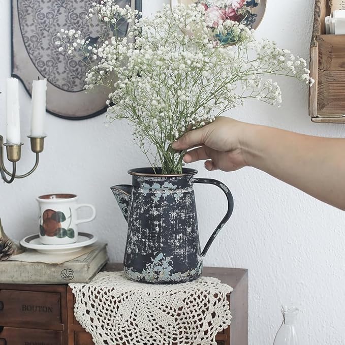 Vintage Pitcher Vase Rustic Farmhouse Vase for Flowers Vintage Metal Milk Jug Small Decorative Pitcher Shabby Chic Decor for Home, Kitchen, Bathroom, Black