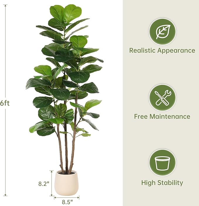 Realead 6ft Fiddle Leaf Fig Tree Artificial with Tall Exquisite Planter - Tall Faux Fiddle Leaf Fig Tree with Natural Trunk and Lifelike Leaves - Fake Fig Tree for Home Living Room Indoor Decor