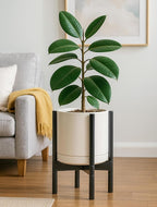 D'vine Dev Ceramic Planter with Ebony Stand - 10 Inch Modern Round Flower Pot with Wood Planter Holder, Oatmeal, 55-B-L-8